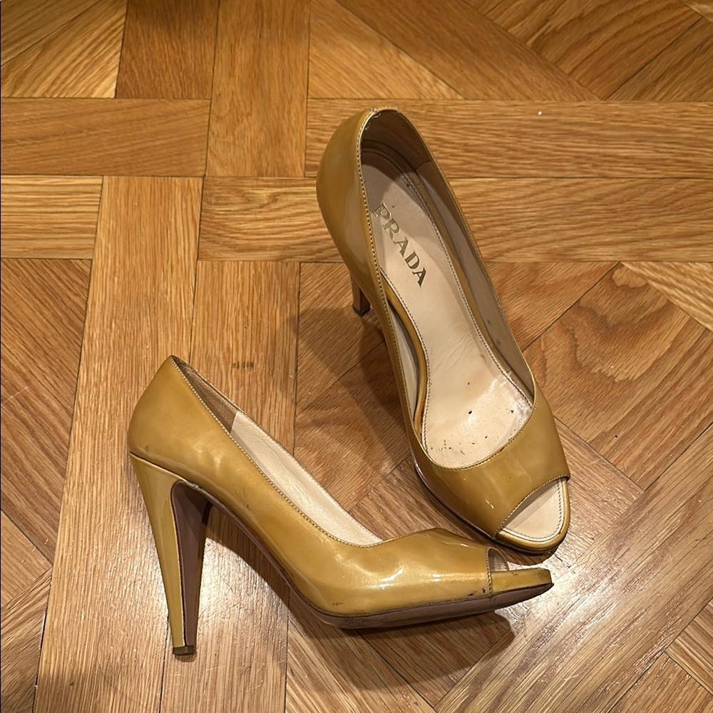 Prada Tan Stiletto Peep-Toe Heels